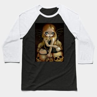 Creepy Cute Goth Fairy on Pile of Skulls Baseball T-Shirt